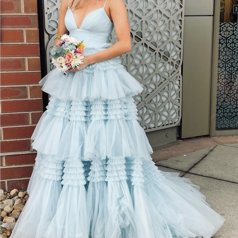 Elegant Light Blue Tiered Evening Gown by Sherri Hill.